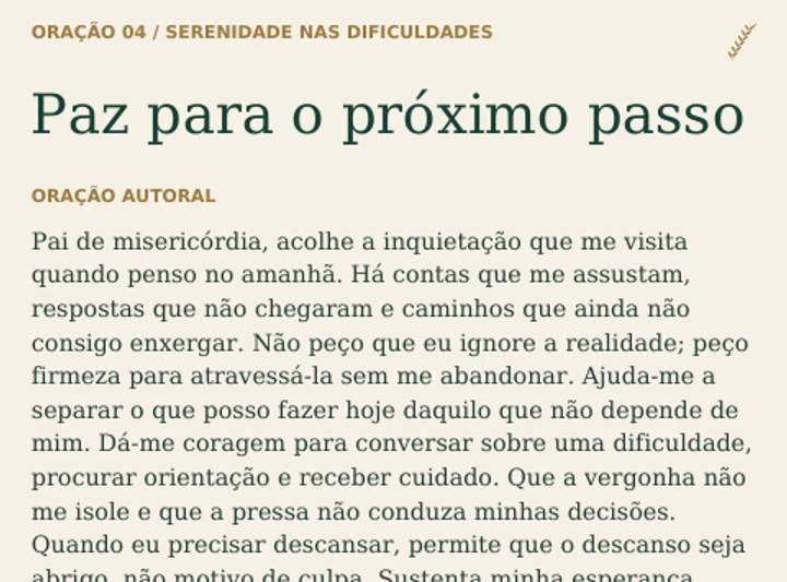 Prévia parcial real da página 6: oração Paz para o próximo passo, sobre serenidade nas dificuldades.